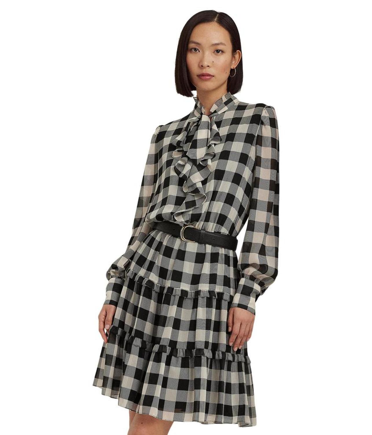 Buffalo Check Ruffled Georgette Dress