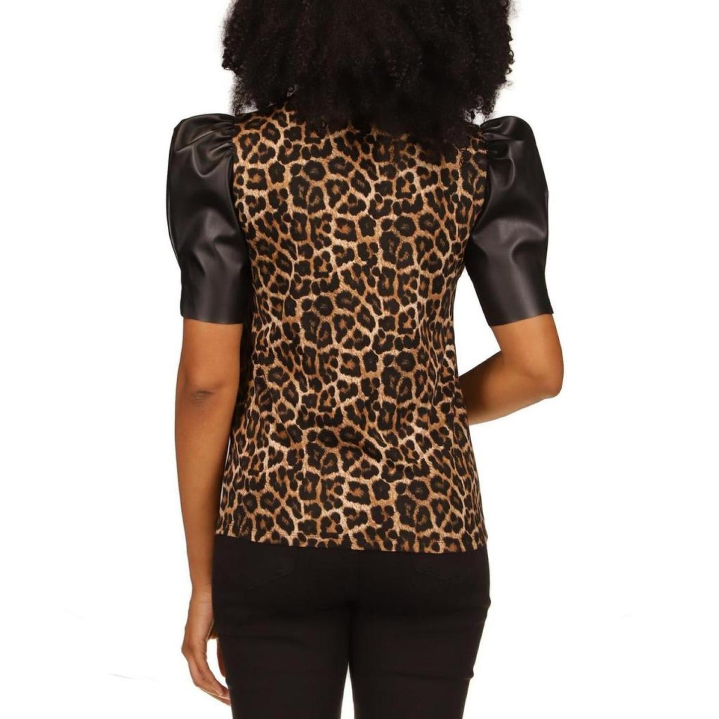 Petites Womens Faux Leather Animal Print Pullover Top