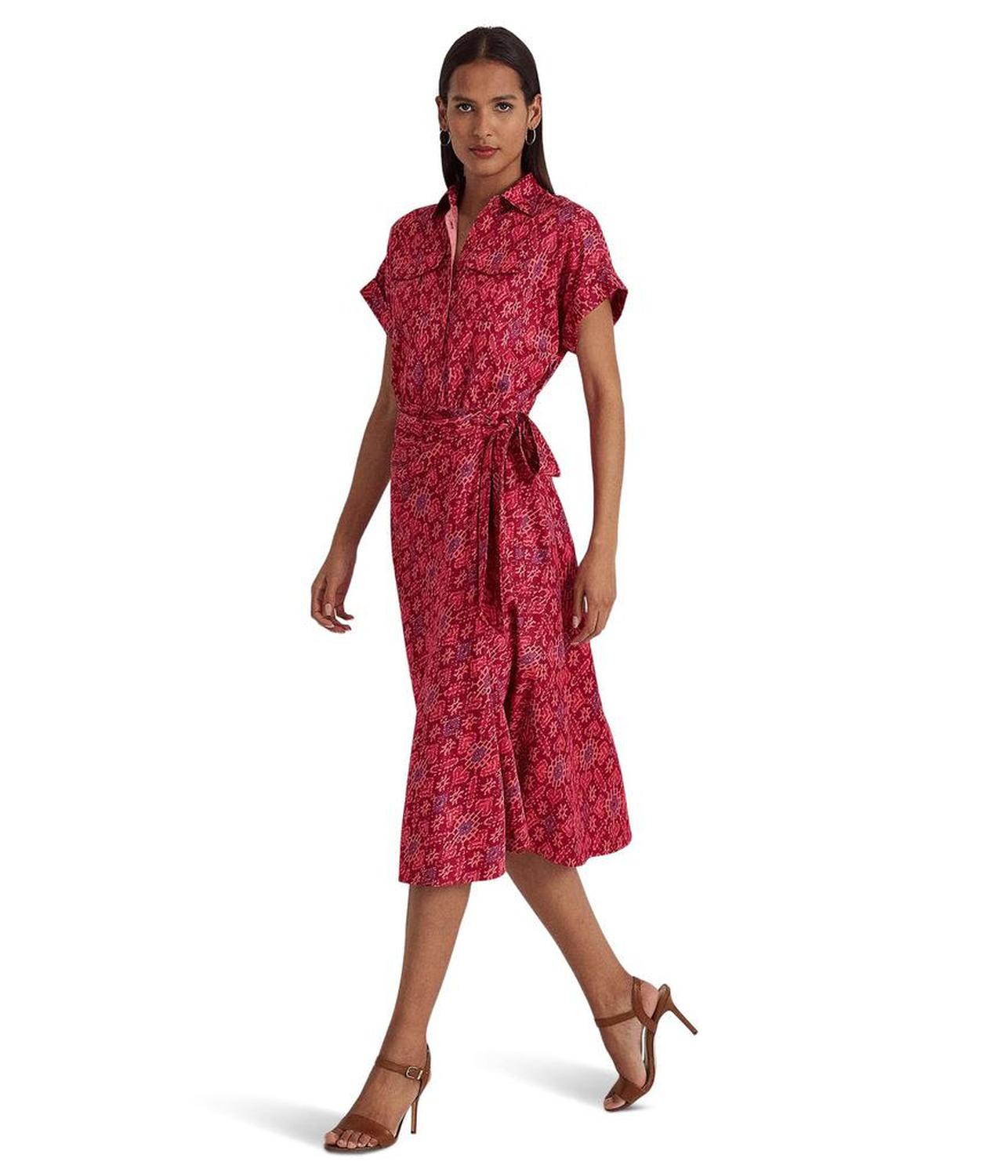 Petite Geo-Print Shantung Tie-Waist Dress