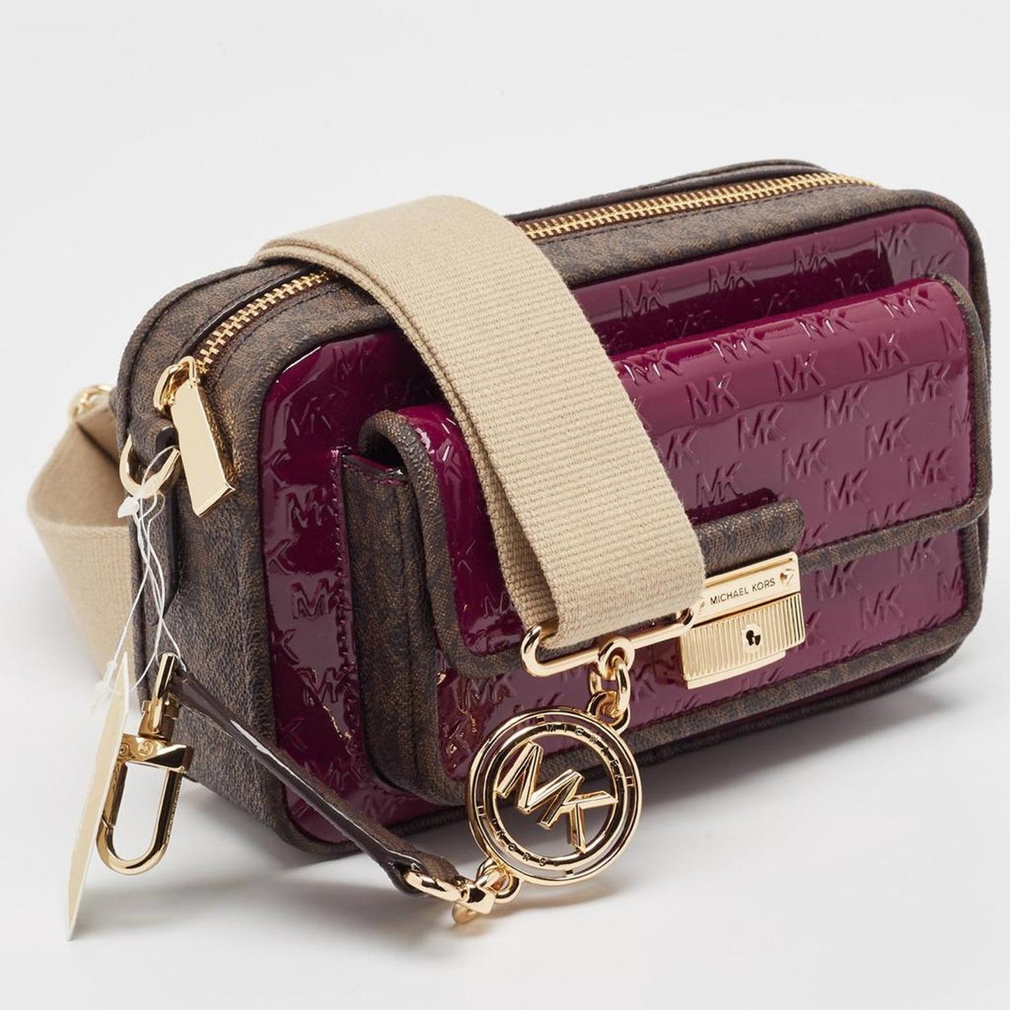 Burgundy/brown Signature Coated Canvas And Patent Leather Bradshaw Pocket Camera Crossbody Bag