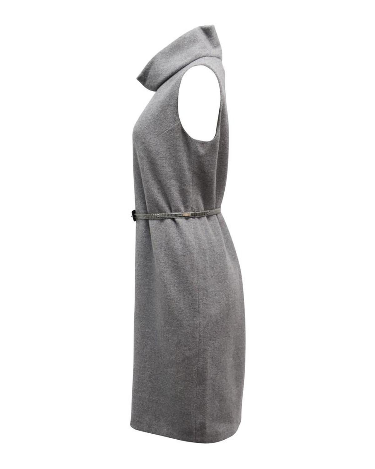 Max Mara Belted Turtle Neck Sleeveless Midi Dress in Grey Wool