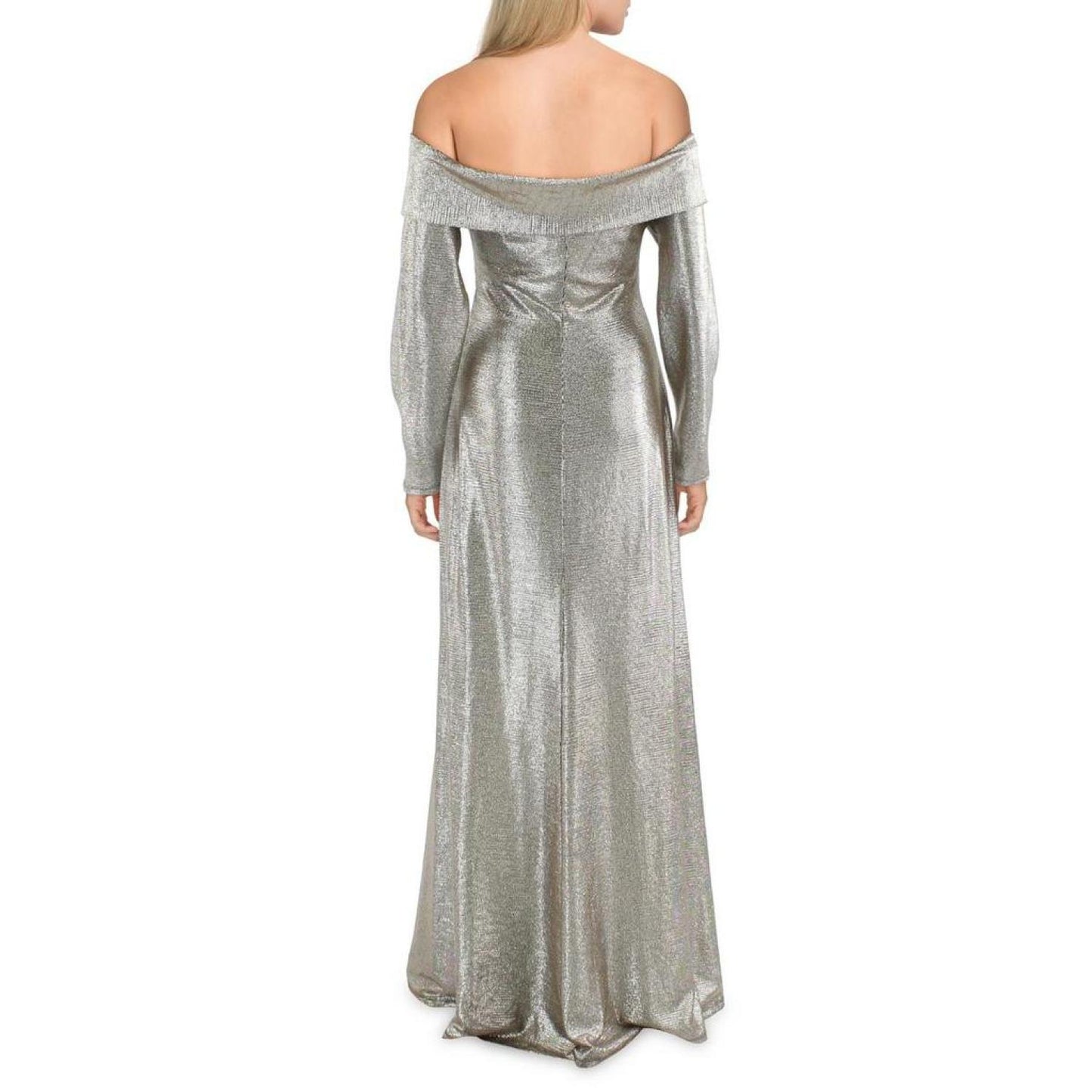 Womens Metallic Off-The-Shoulder Evening Dress