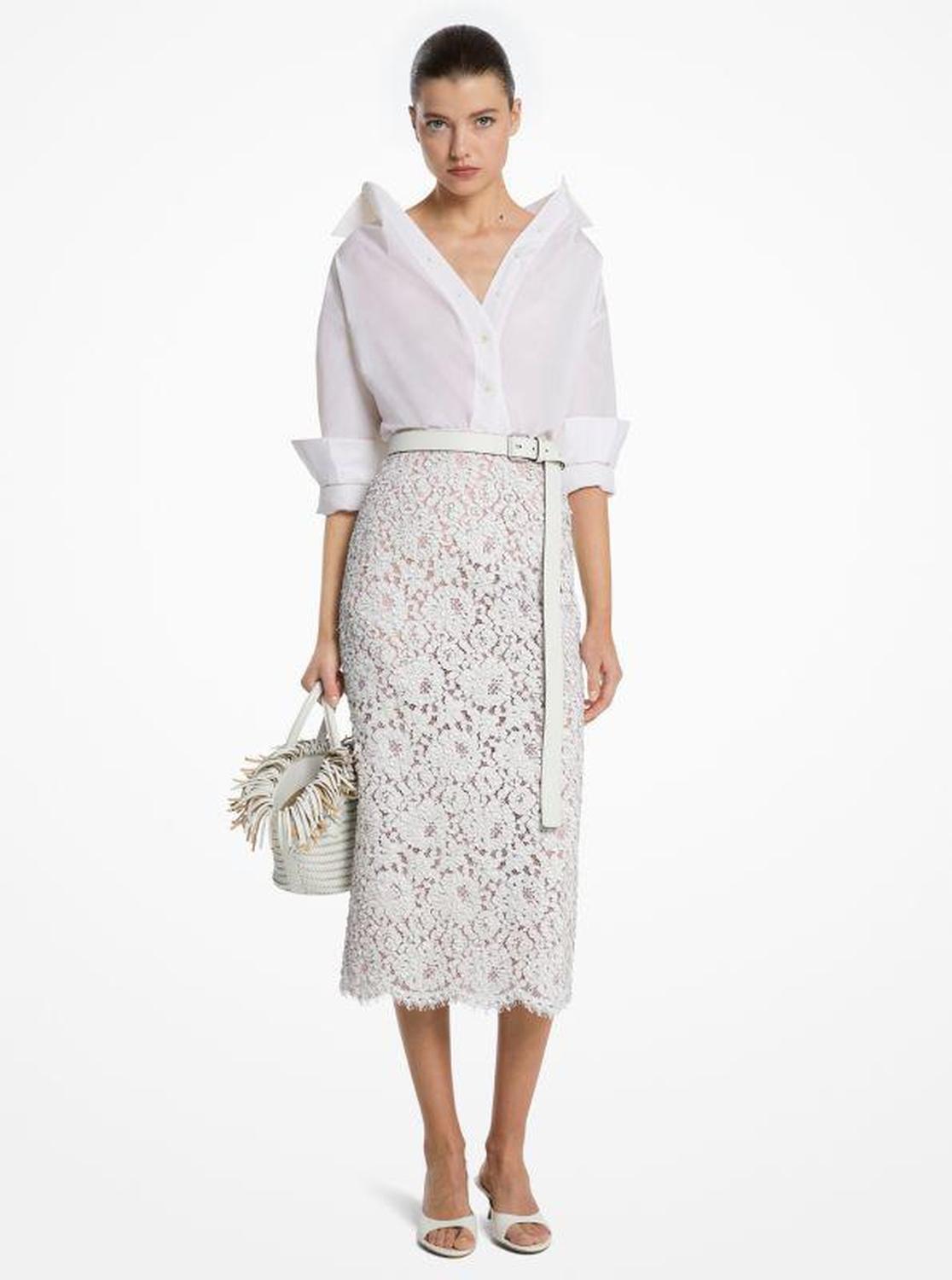 Hand-Embroidered Leather Paillette Floral Lace Skirt