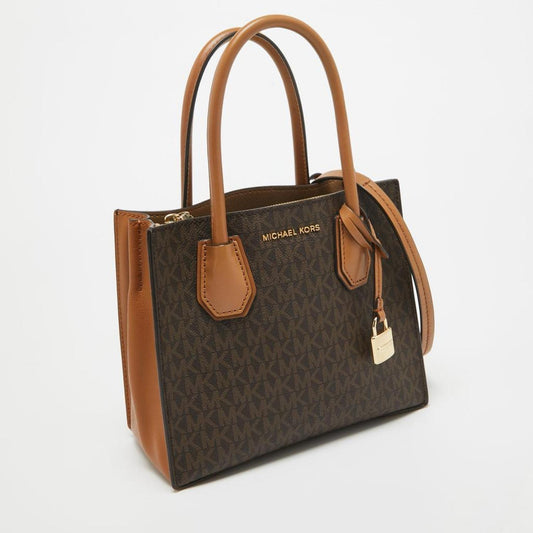 Michael Kors Brown/beige Signature Coated Canvas And Leather Small Mercer Tote