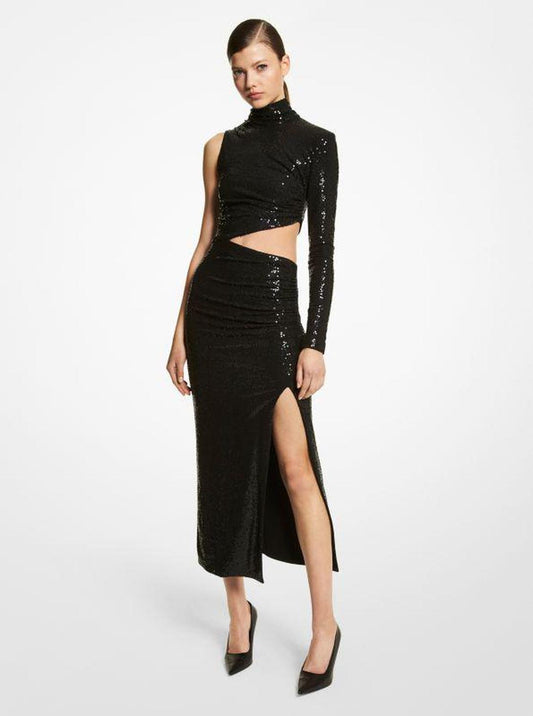 Hand-Embroidered Sequin Stretch Jersey Asymmetric Dress