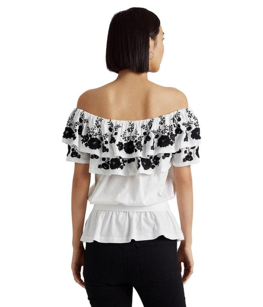 Embroidered Jersey Off-the-Shoulder Top