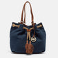 Michael Kors Navy Blue/brown Canvas Marina Drawstring Tote