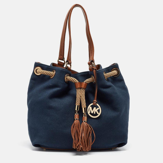 Michael Kors Navy Blue/brown Canvas Marina Drawstring Tote