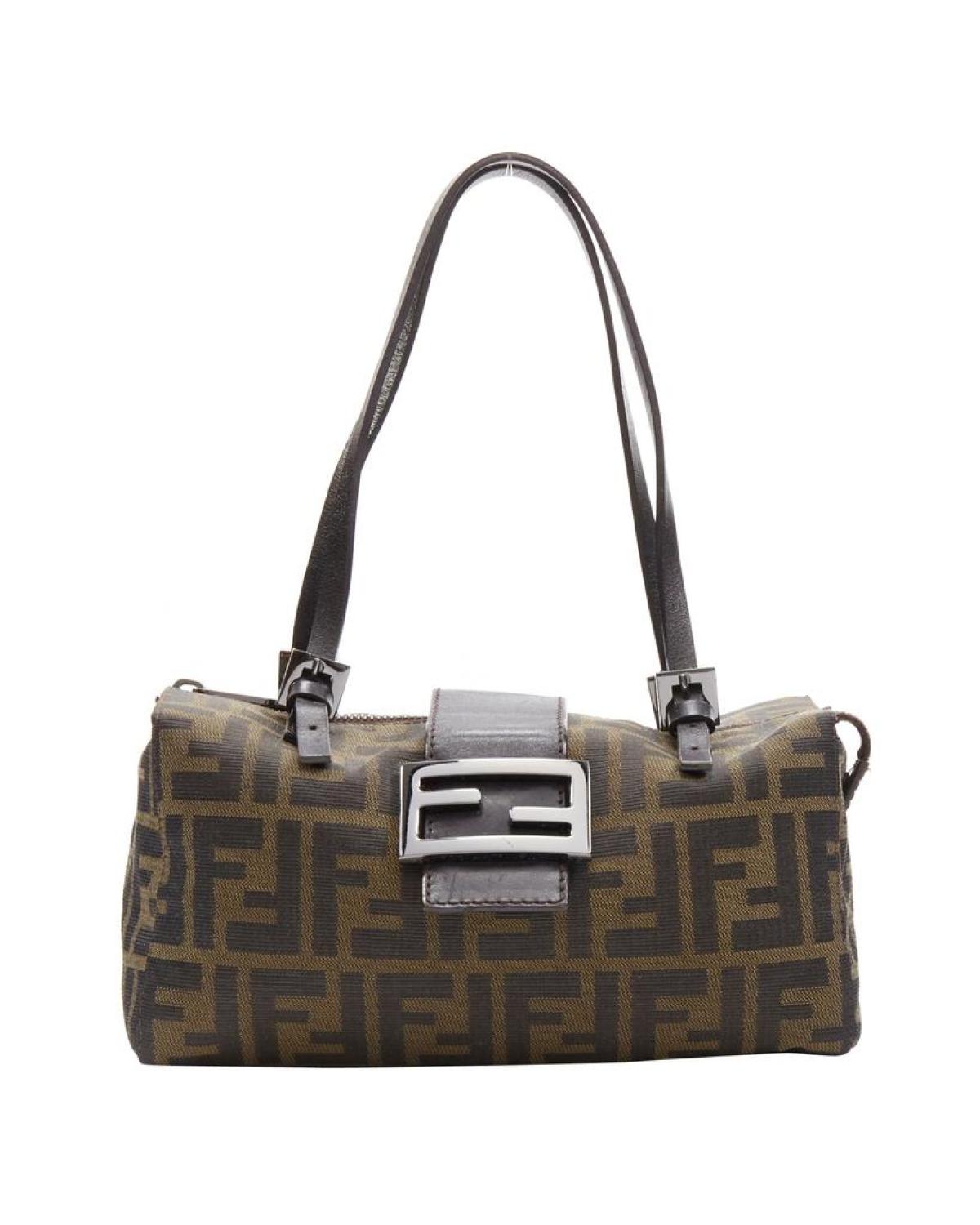 FENDI Vintage brown leather handle Zucca Monogram canvas mini cube boston bag