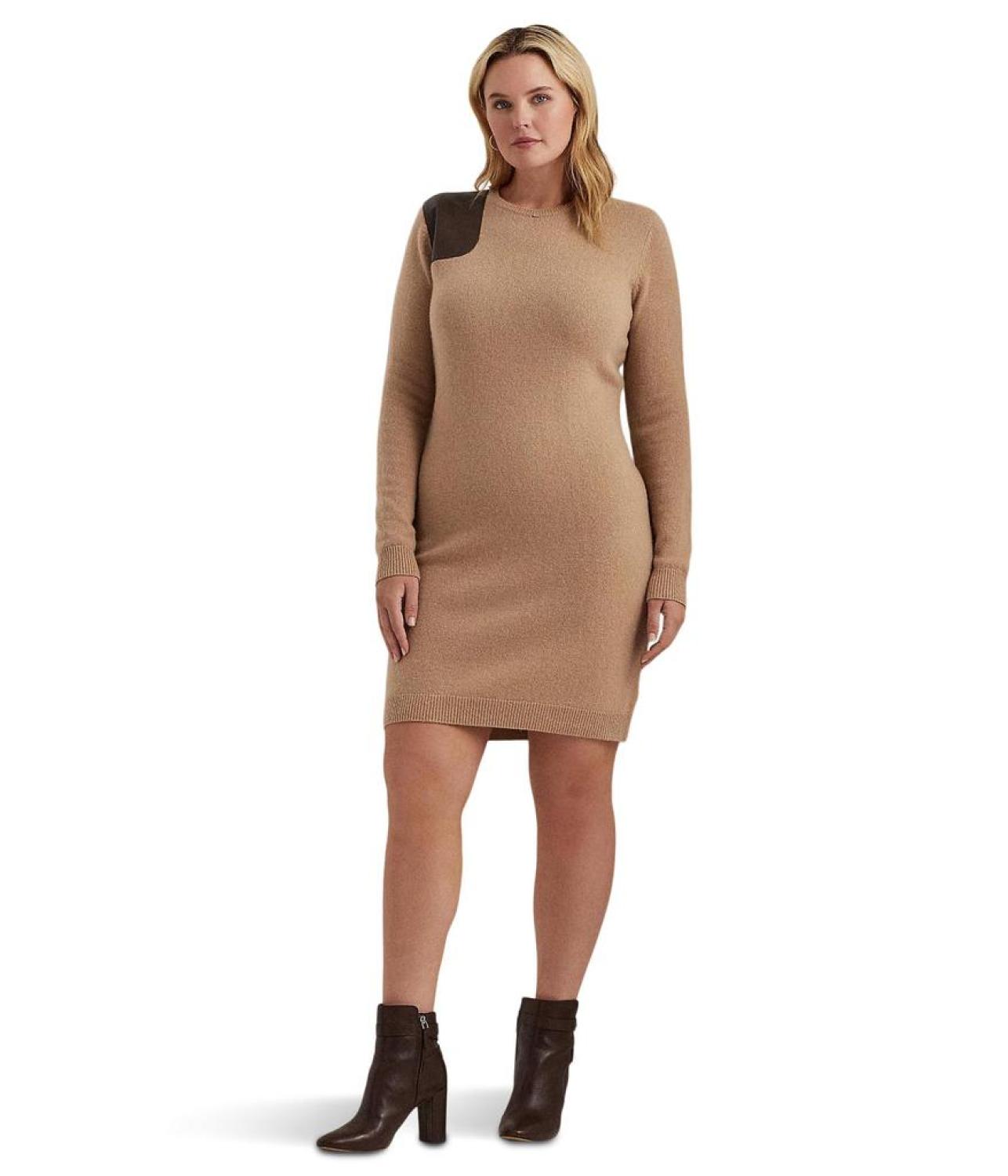 Plus Size Faux Leather Trim Wool Cashmere Dress