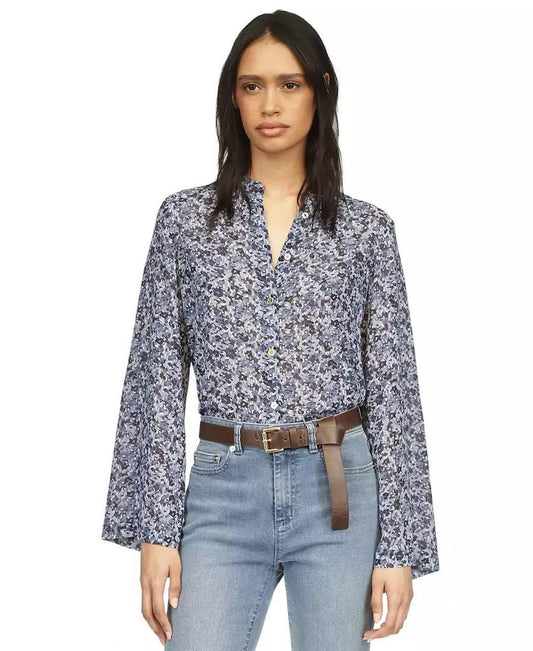 Women's Floral-Print Button-Front Flare-Sleeve Top