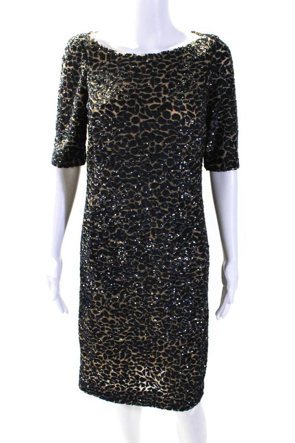 Michael Kors Collection Womens Short Sleeve Mesh Sequin Dress Brown Navy