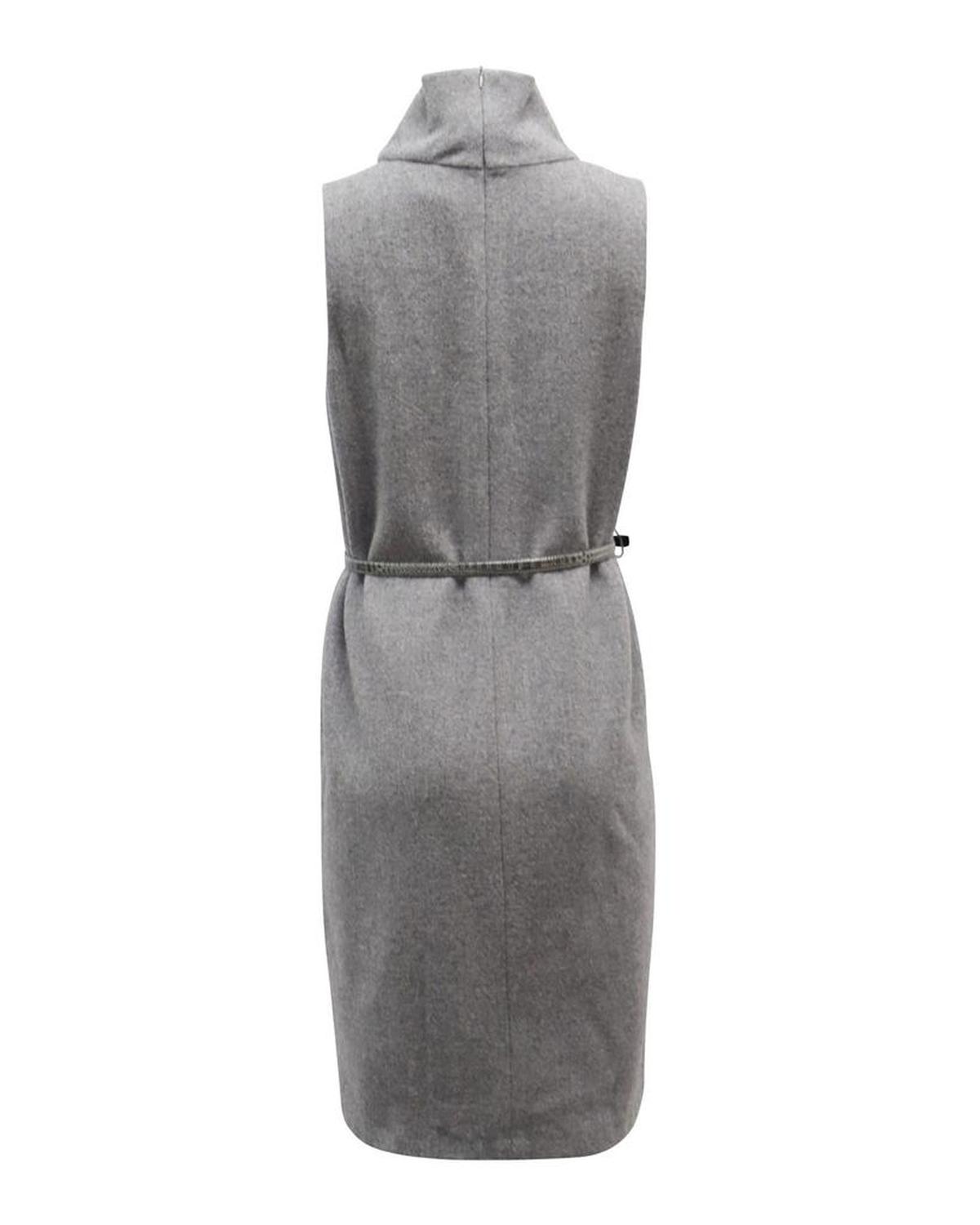 Max Mara Belted Turtle Neck Sleeveless Midi Dress in Grey Wool