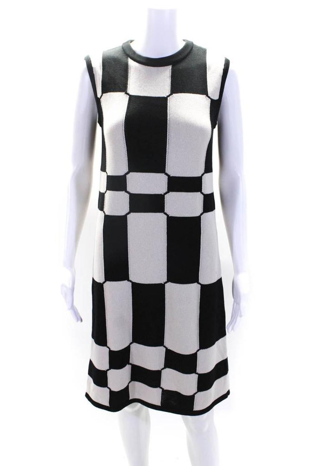 'S Max Mara Womens Beige Black Checker Crew Neck Sleeveless Tank Dress