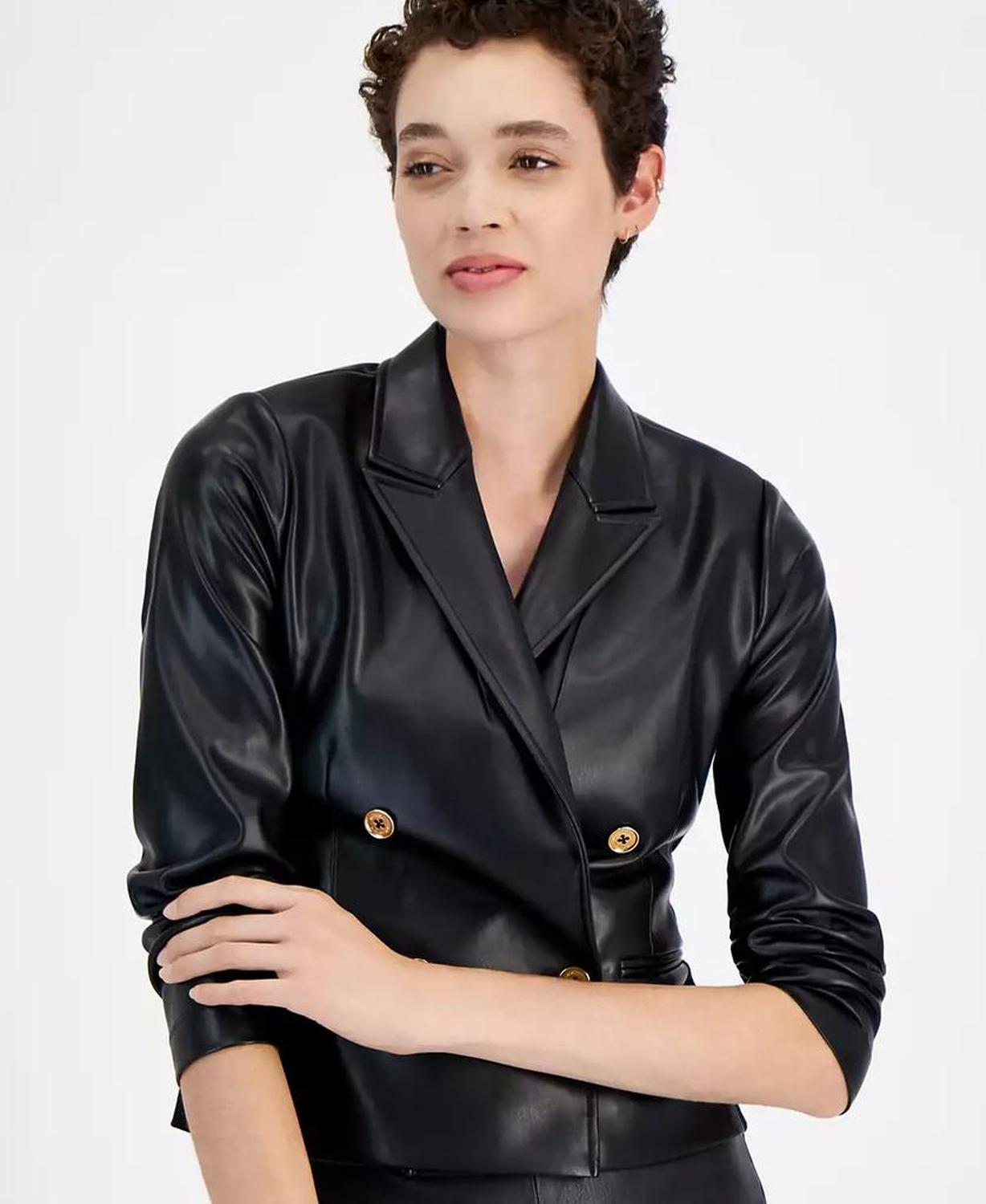 Women's Faux-Leather Cropped Blazer