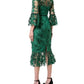 Embroidered Tea Length Fit Flare Flower Dress In Green