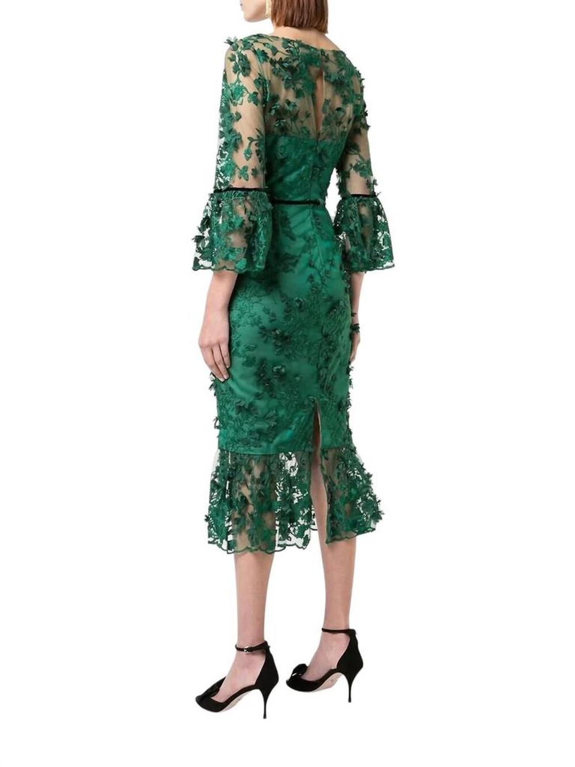 Embroidered Tea Length Fit Flare Flower Dress In Green