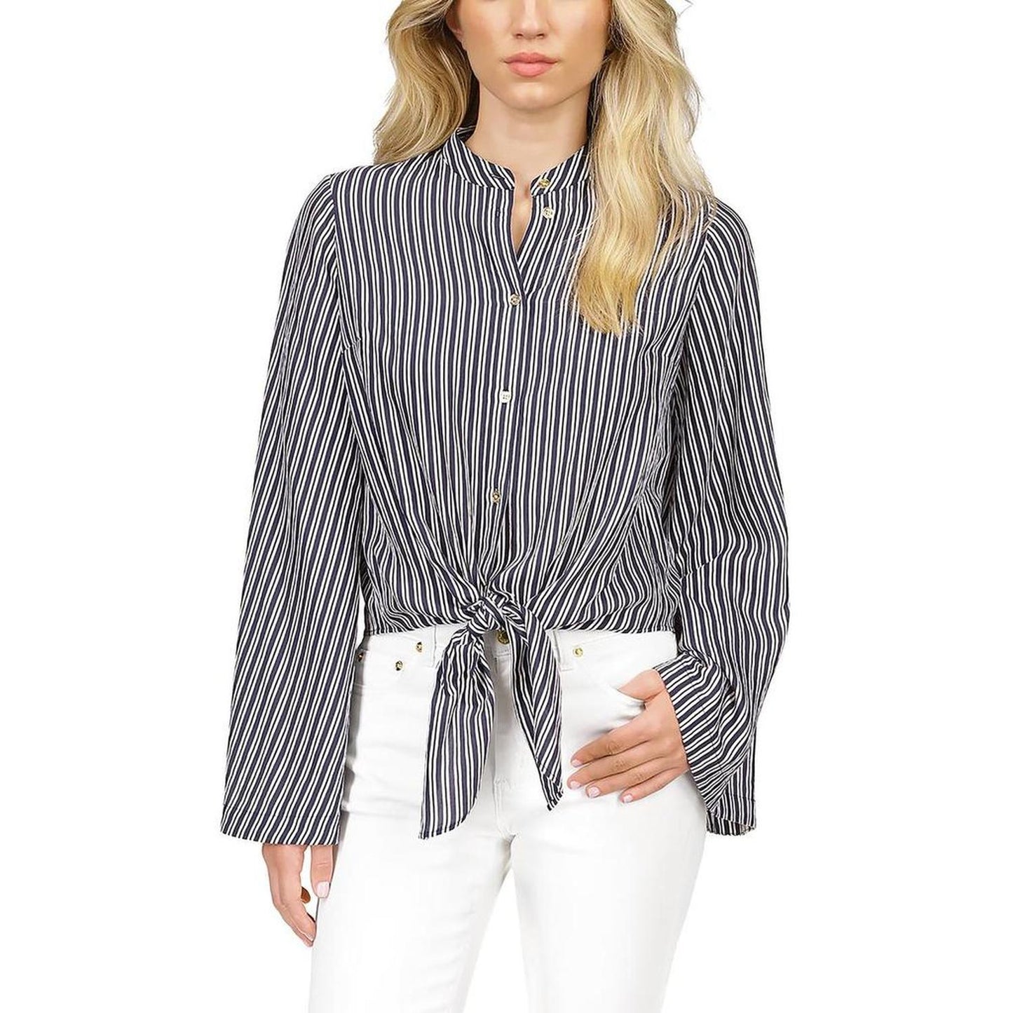 Halo Womens Collar Tie Front Button-Down Top