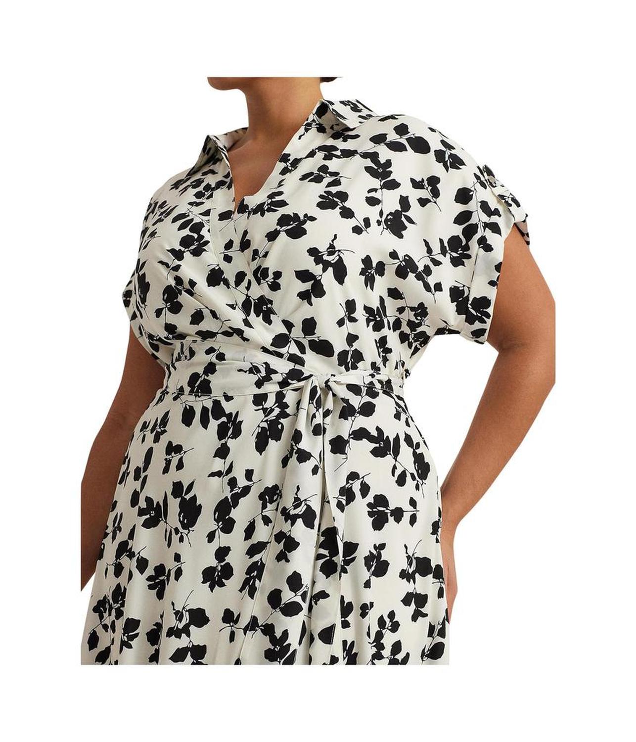 Plus-Size Leaf-Print Belted Crepe Dress