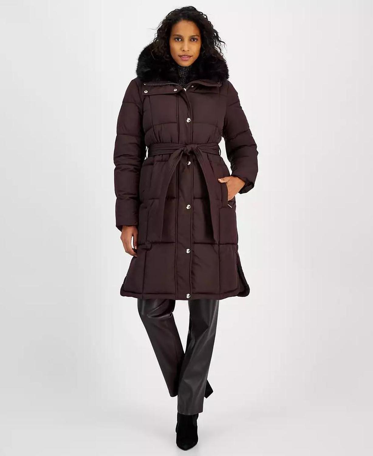 Women's Faux-Fur-Collar Belted Puffer Coat, Created for Macy's