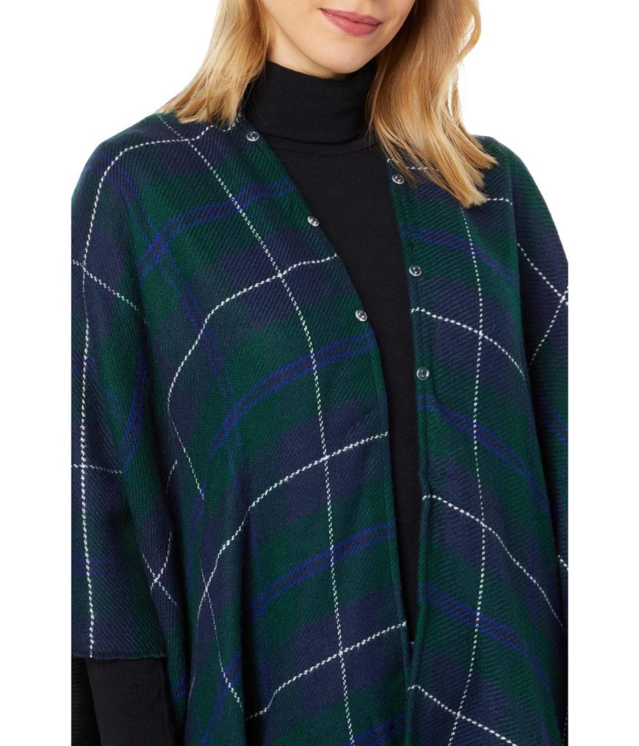 Reversible Plaid Ruana with Faux Fur Collar