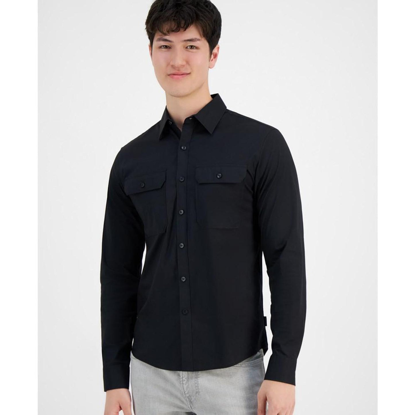 Men's Military Long Sleeve Button-Front Double-Pocket Shirt