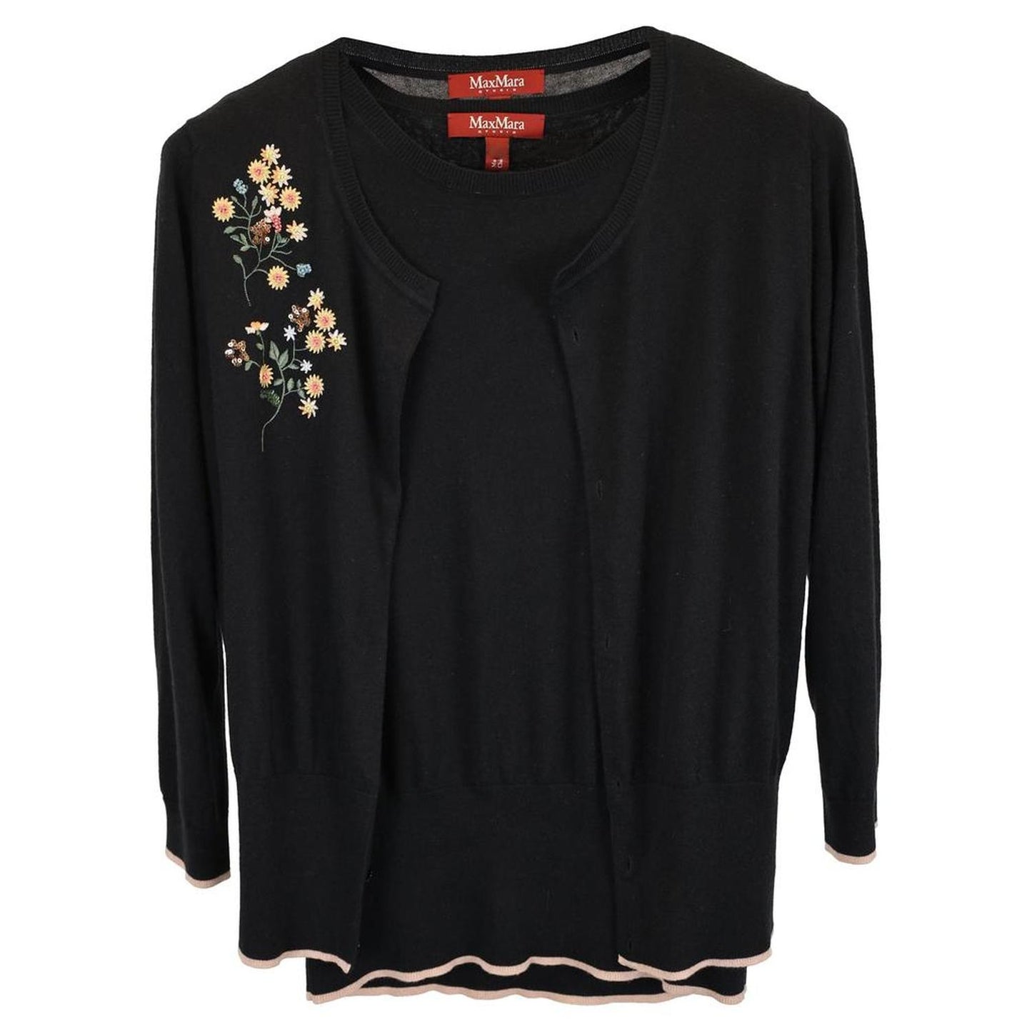 Max Mara Flower Embroidered Cardigan with Knit Top Set in Black Wool