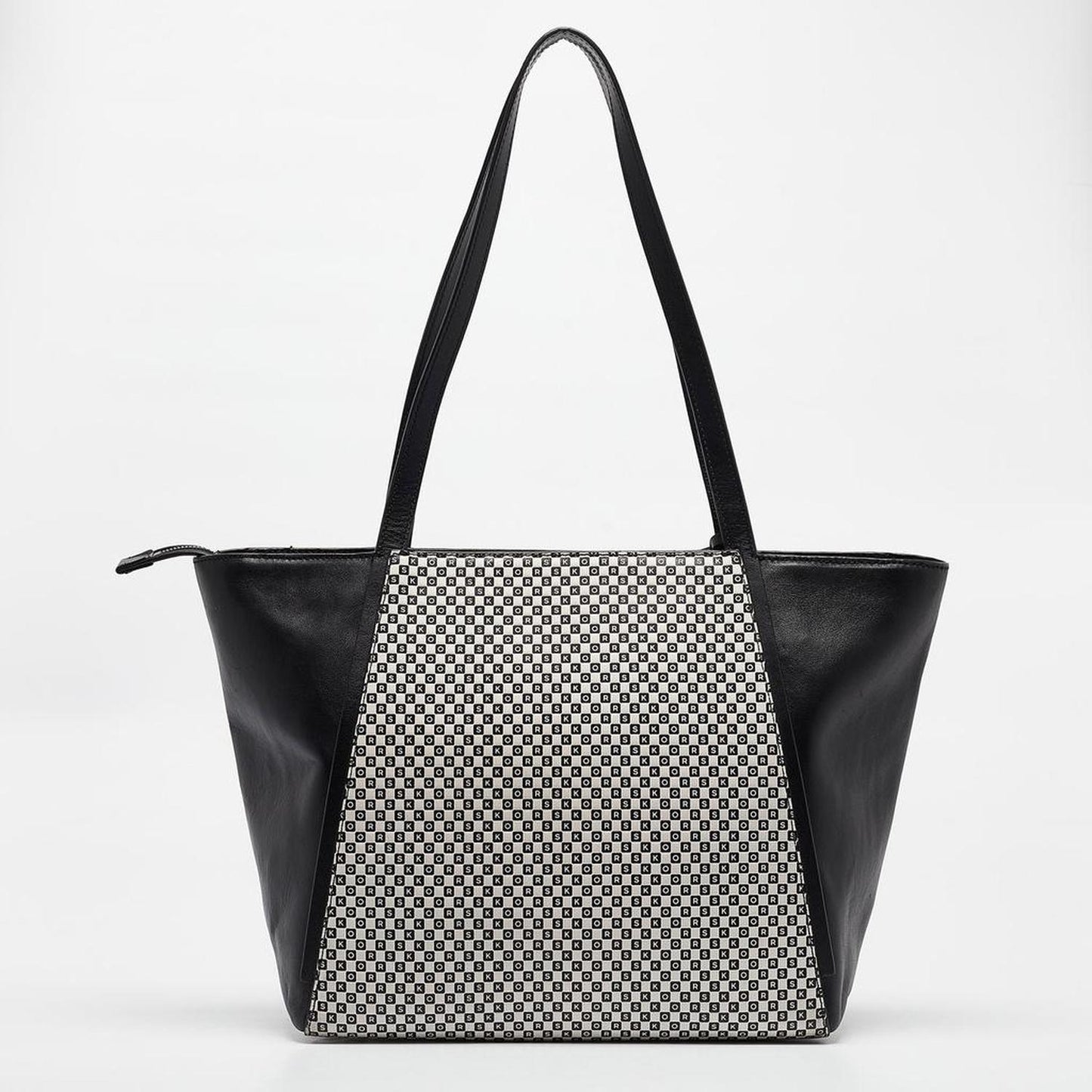 Michael Kors Black/white Checkboard Logo Leather Large Whitney Tote