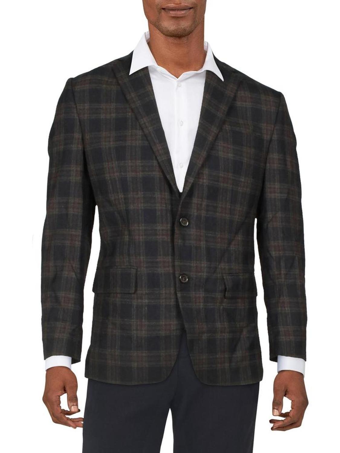 Mens Wool Blend Plaid Two-Button Blazer