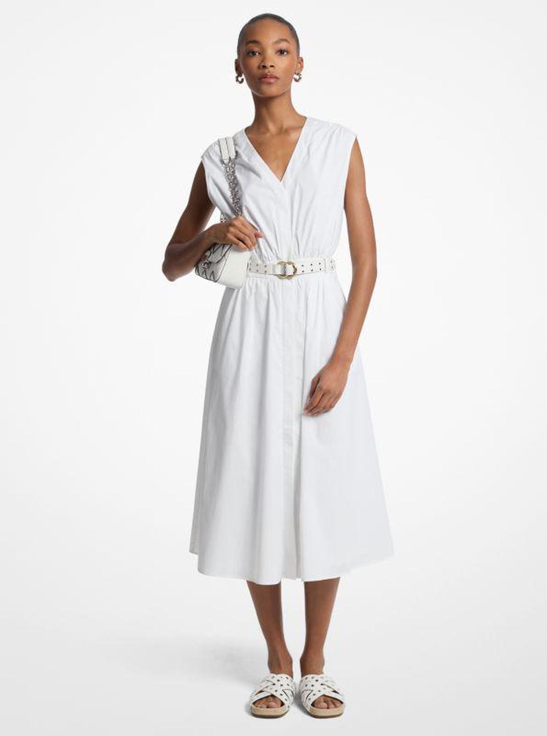 Stretch Cotton Poplin Belted Midi Dress