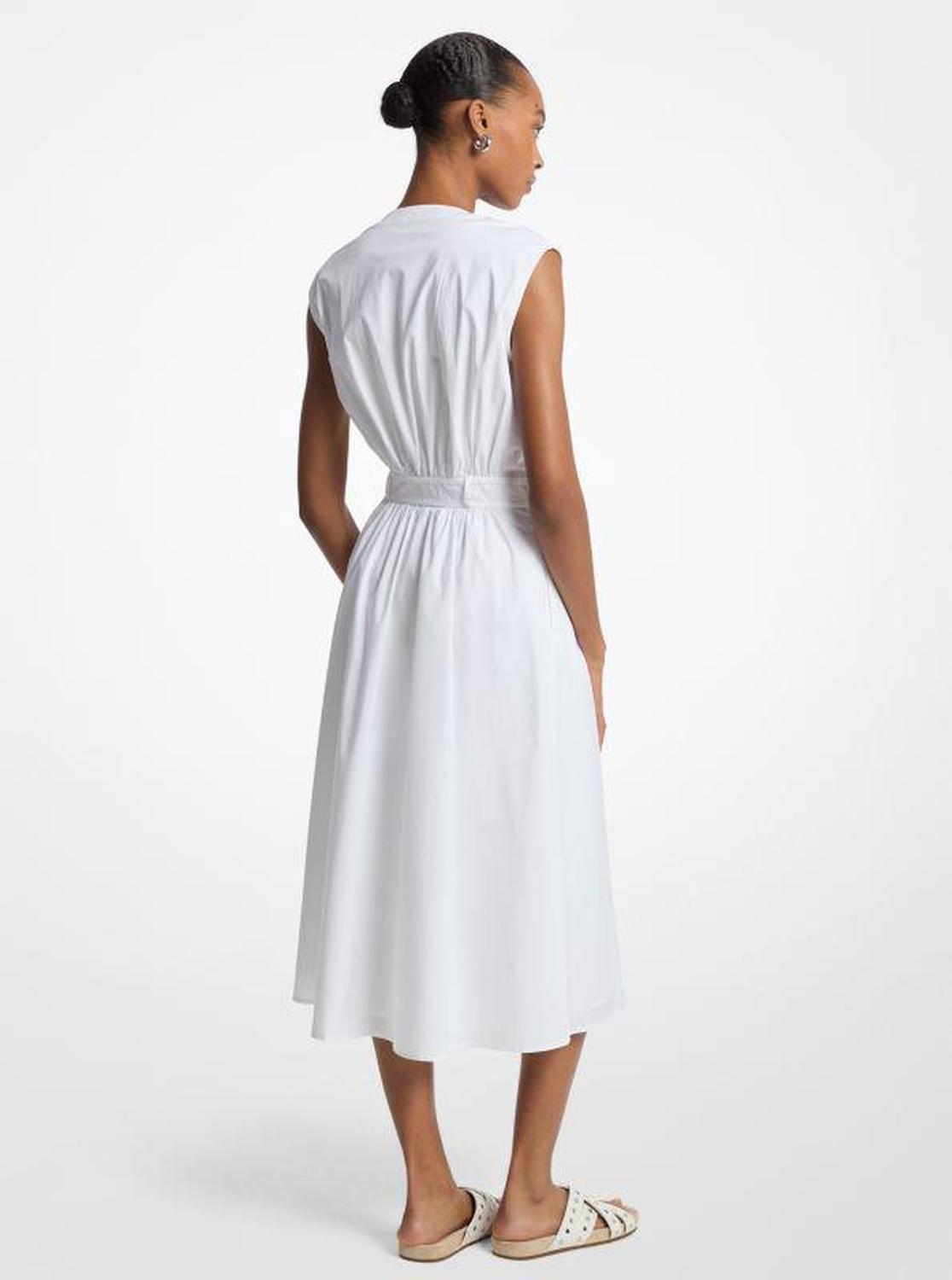 Stretch Cotton Poplin Belted Midi Dress