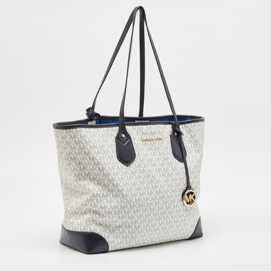 Navy Blue/white Signature Coated Canvas And Leather Large Eva Tote