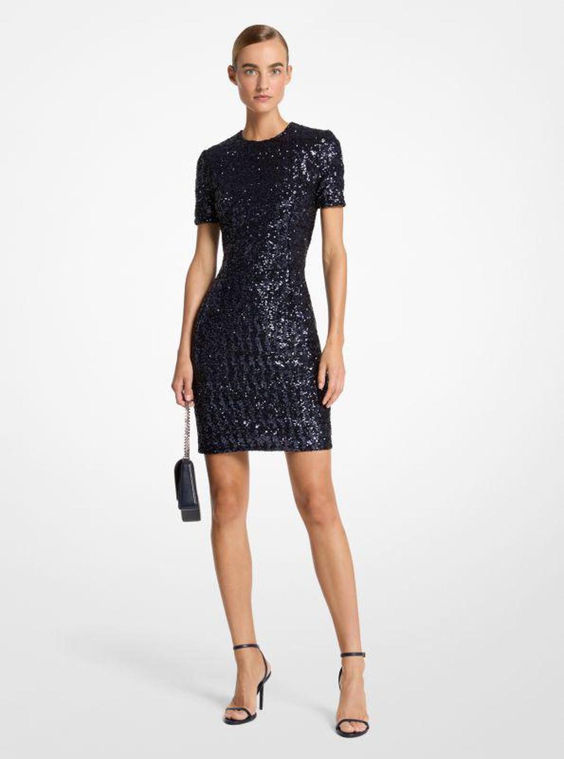 Sequined Short-Sleeve Crewneck Dress