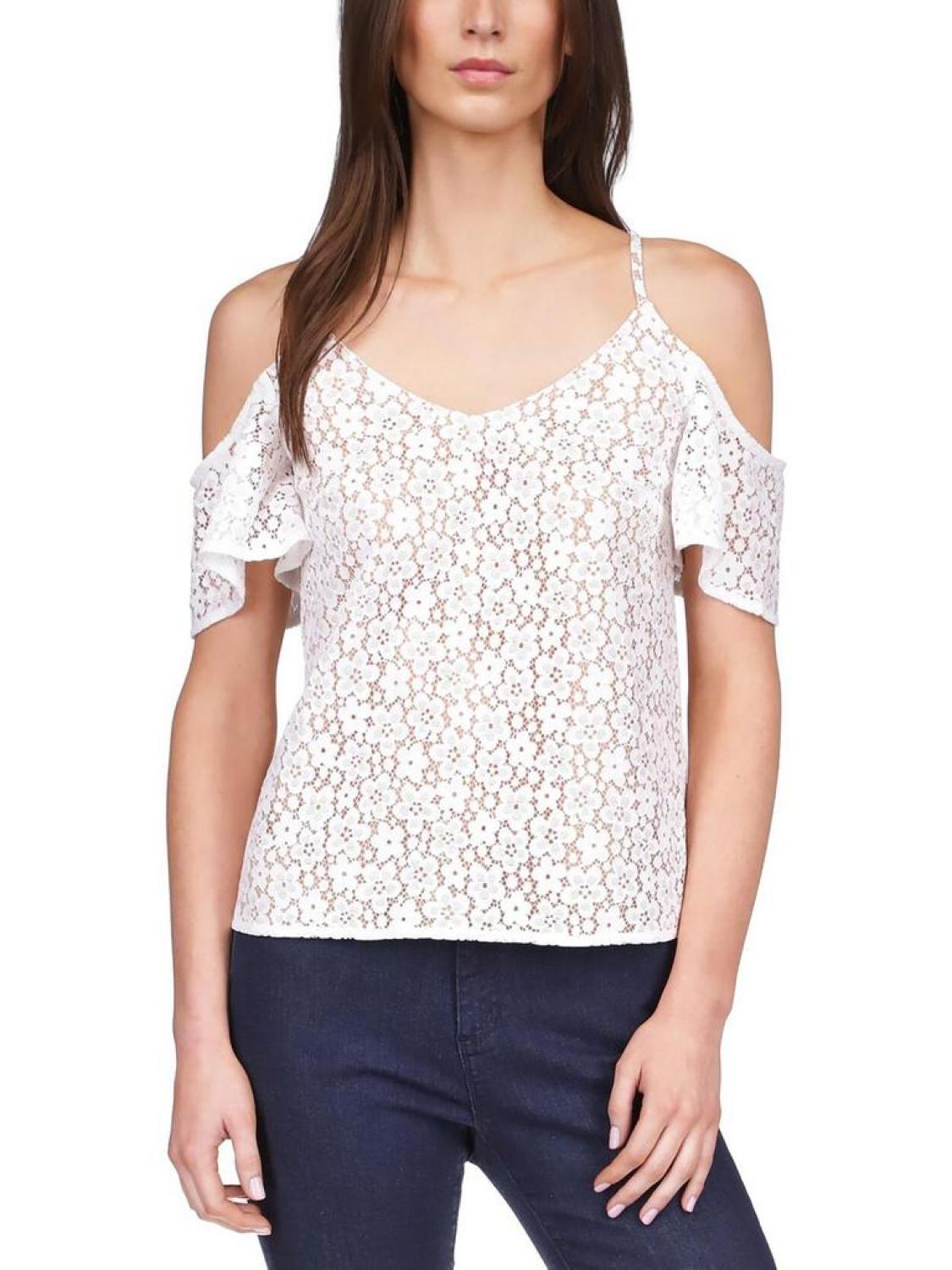 Petites Womens Floral Lace Blouse