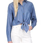 Womens Long Sleeve Tie Front Button-Down Top