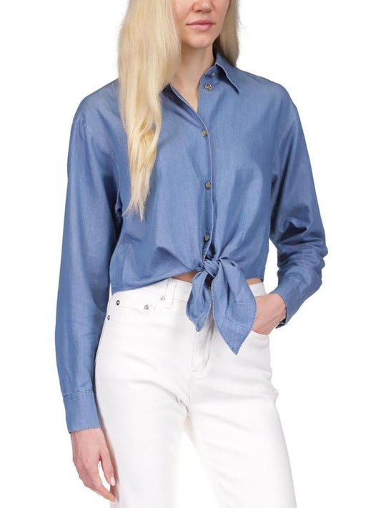 Womens Long Sleeve Tie Front Button-Down Top