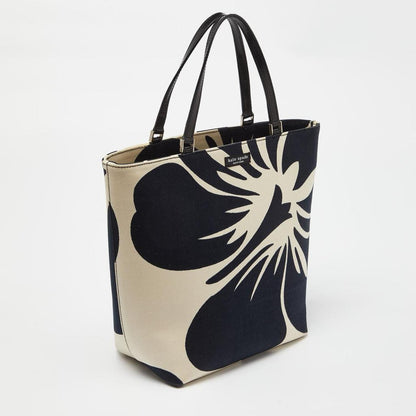 Kate Spade Black/white Hibiscus Printed Canvas Tote