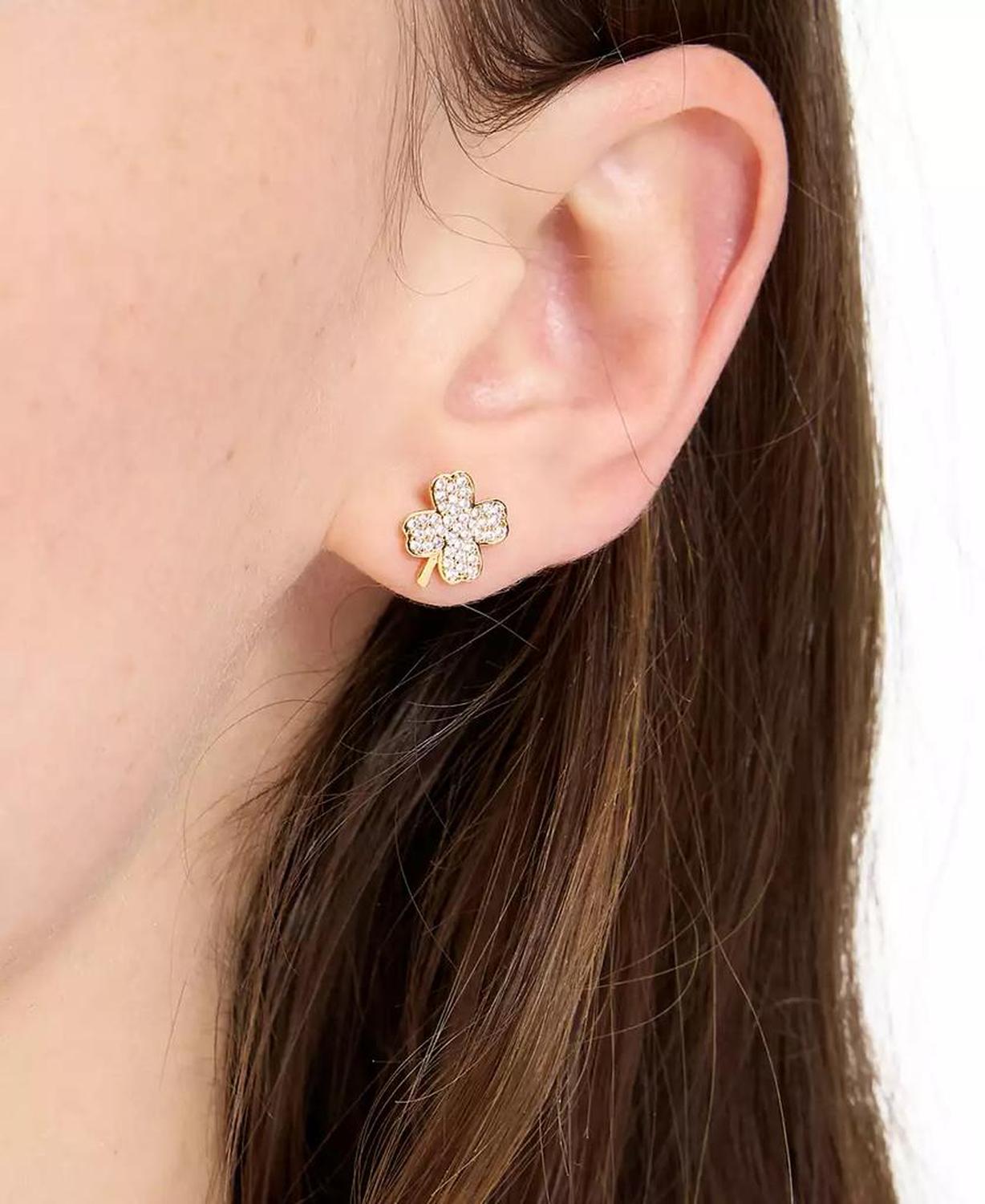 Lucky Charm Gold-Tone Pavé Crystal Clover Stud Earrings