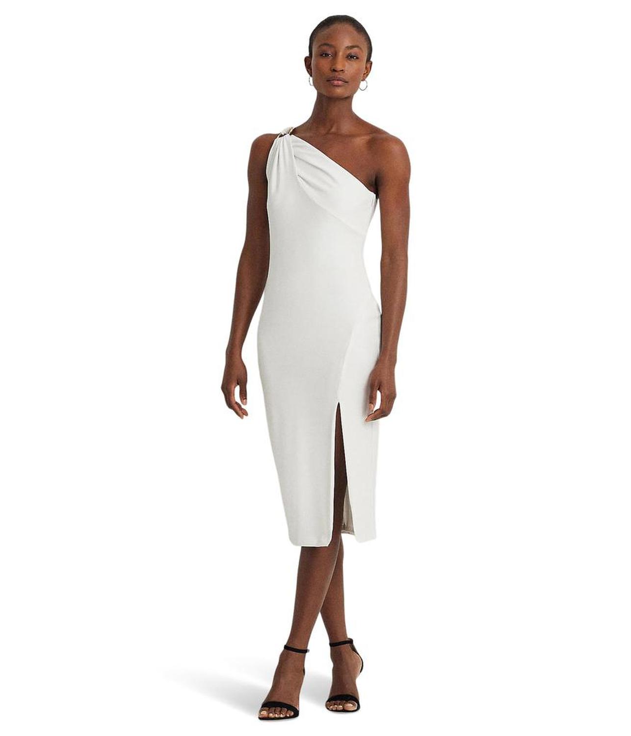 Buckle-Trim One-Shoulder Cocktail Dress