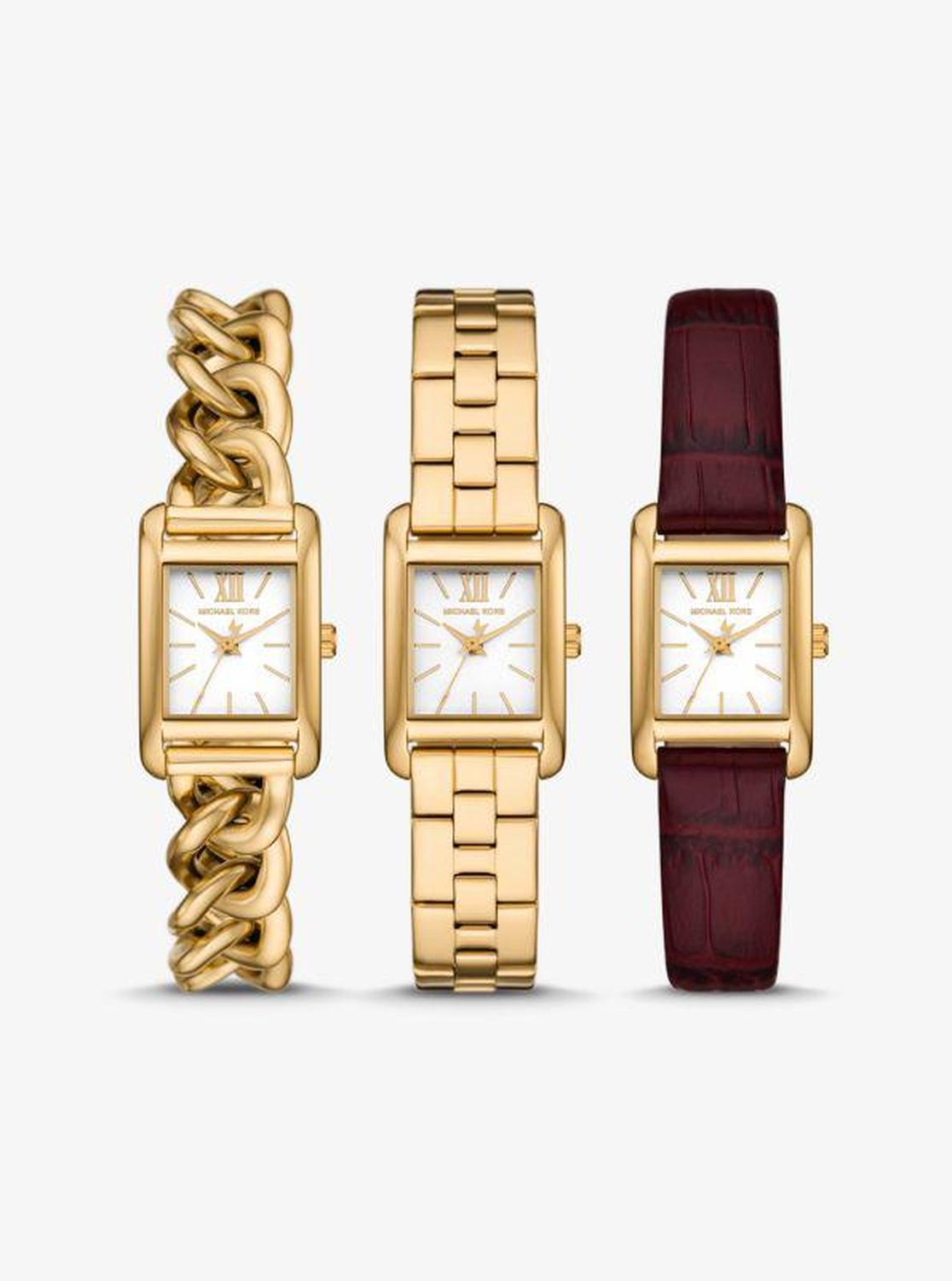 Petite Monroe Gold-Tone and Crocodile-Embossed Leather Watch Strap Set