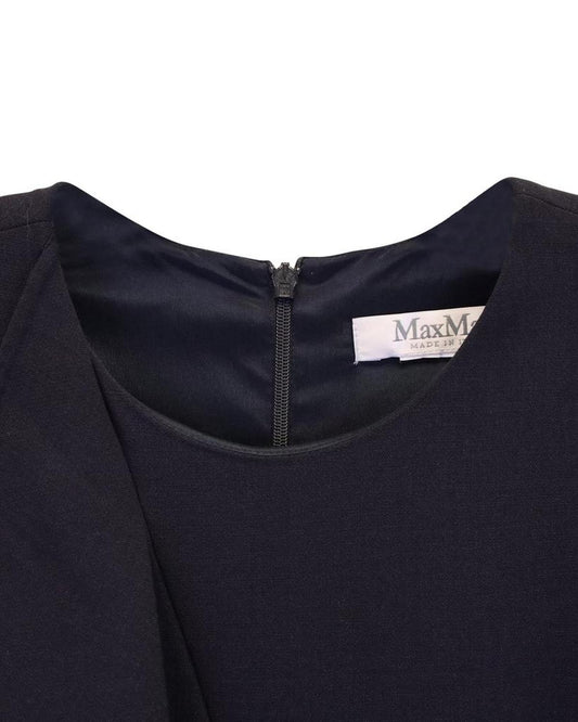 Max Mara Drape-Detail Sheath Dress in Navy Blue Wool