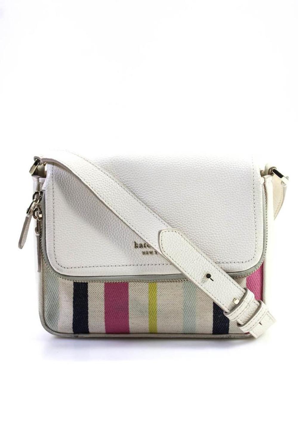 Kate Spade New York Womens Striped Top Zip Single Strap Handbag White Medium