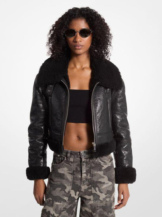 Crackled Leather and Shearling Cropped Jacket