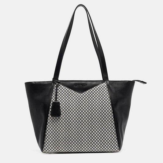 Michael Kors Black/white Checkboard Logo Leather Large Whitney Tote