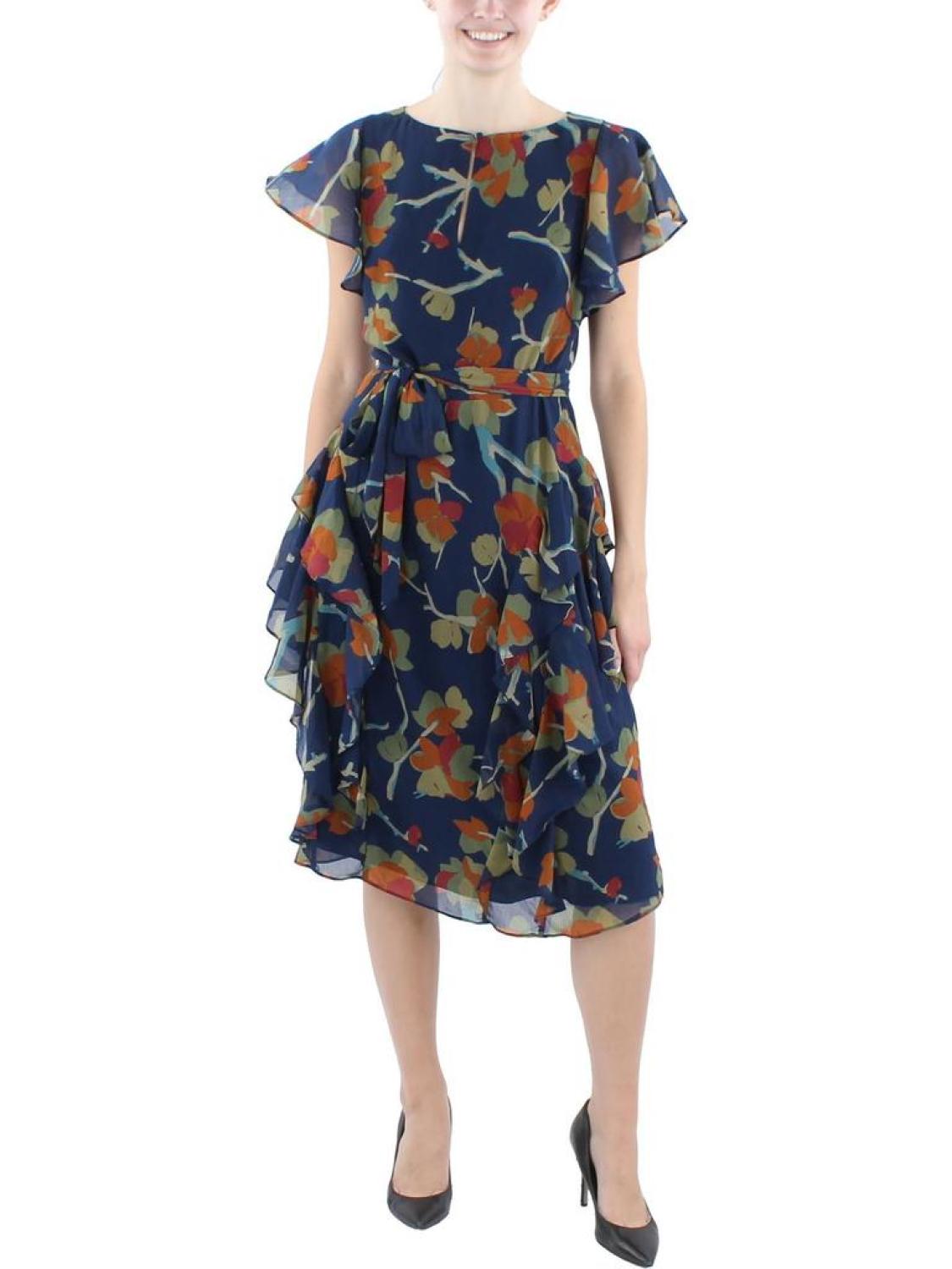 Womens Floral Print Chiffon Midi Dress