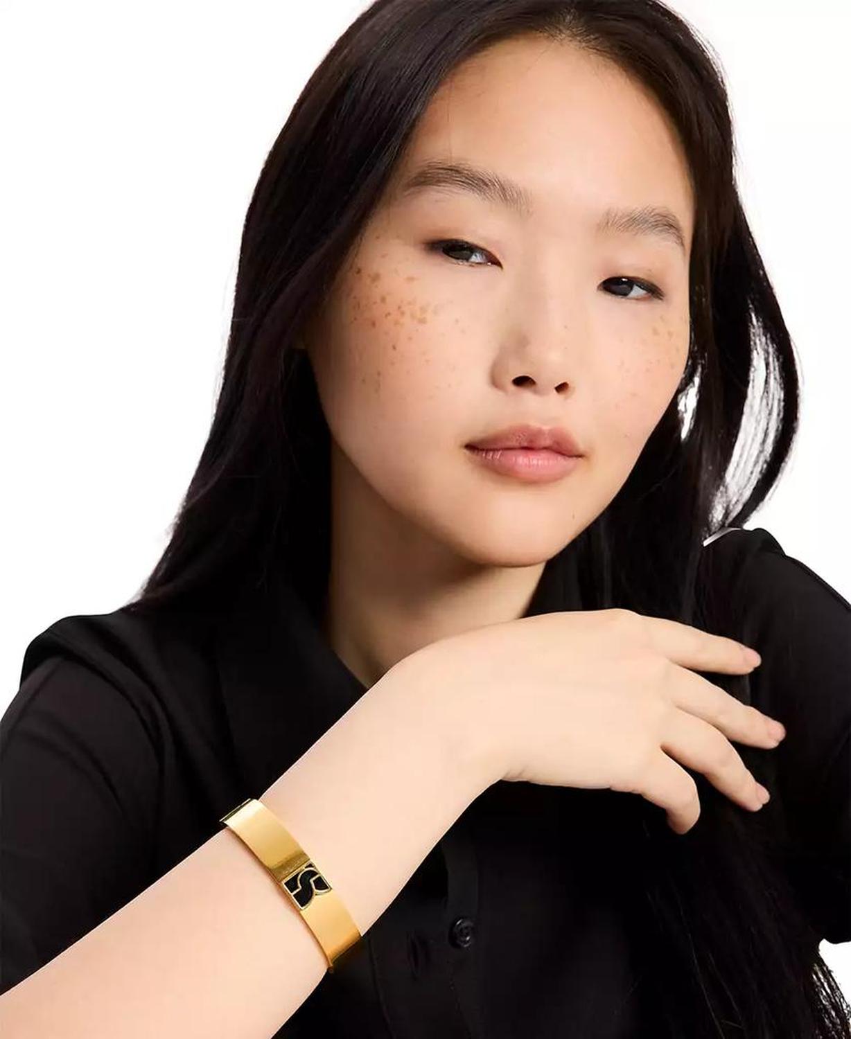 Gold-Tone Black Mother-of-Pearl K Bangle Bracelet