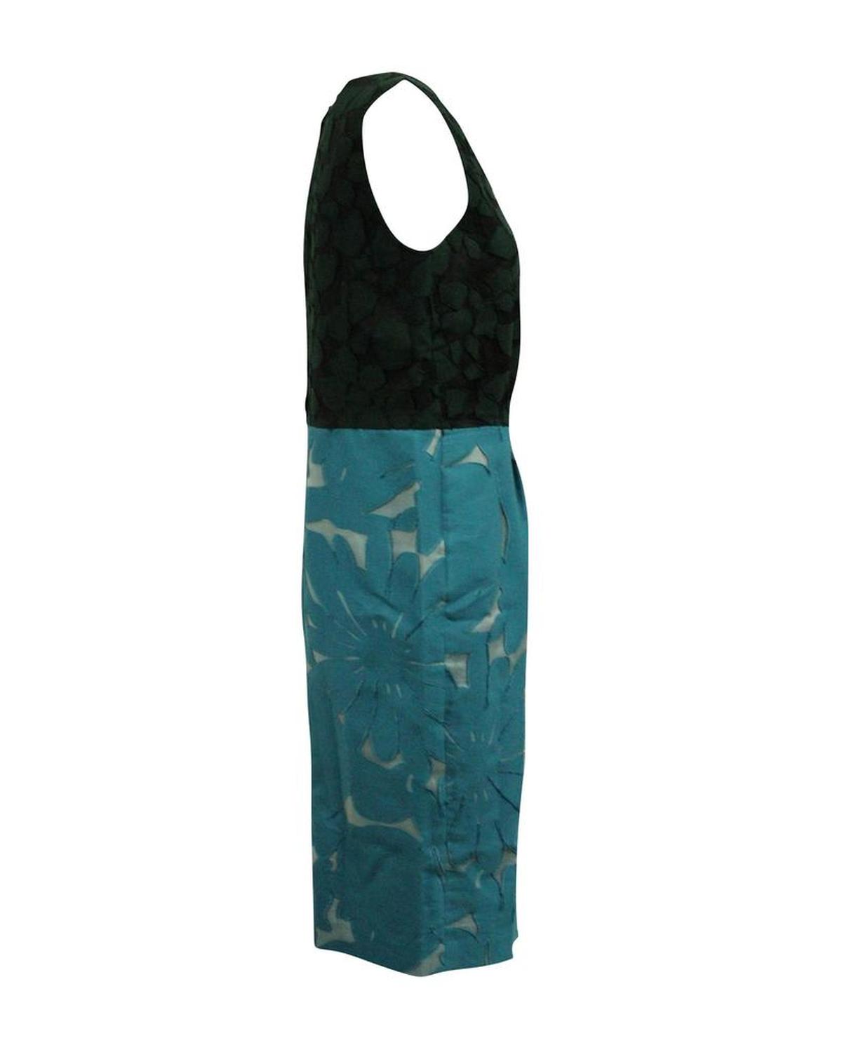 Floral Color Block Midi Dress in Black and Blue Cotton