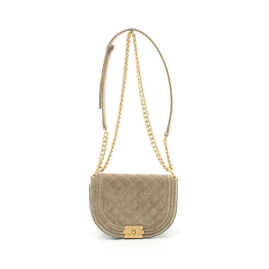 Boy Chanel Small Chain Shoulder Bag Velor Leather Beige Gold Hardware