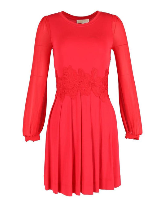 Michael Michael Kors Lace-Trim Long Sleeve Dress in Red Viscose