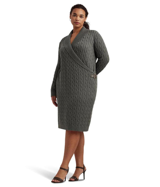 Plus Size Cable-Knit Buckle Trim Sweaterdress